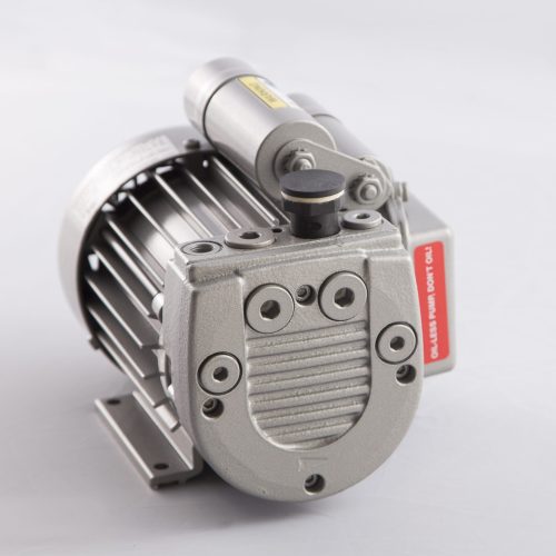 FlexPak EVP electric oil-less vacuum pump with oil-less pump warning label, powers leak detector chambers from a standard outlet